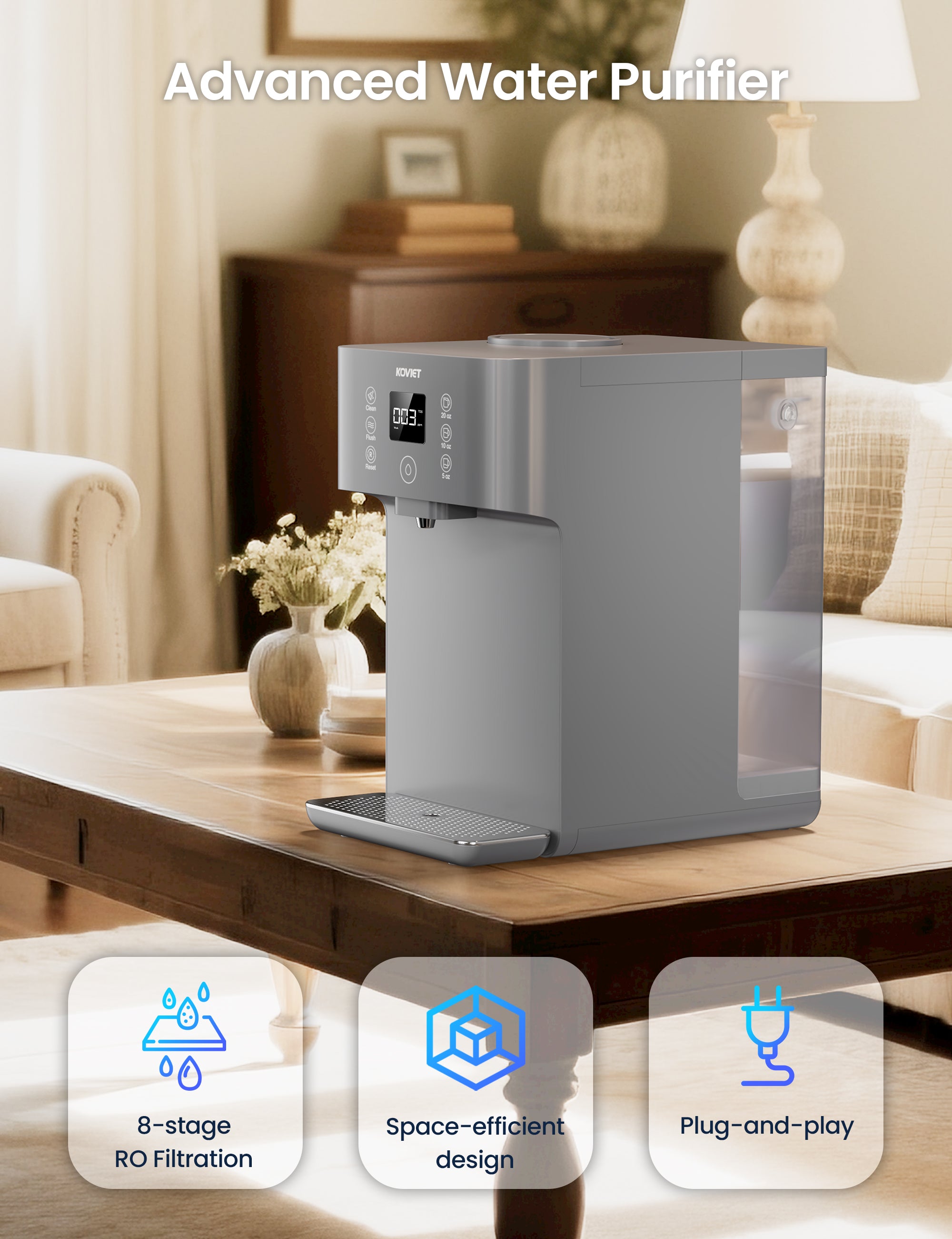 Countertop Reverse Osmosis Water Filter, 4:1 Pure to Drain, 8 Stage RO Filtration System, Portable Water Purifier, No Installation Required, Silver Gray