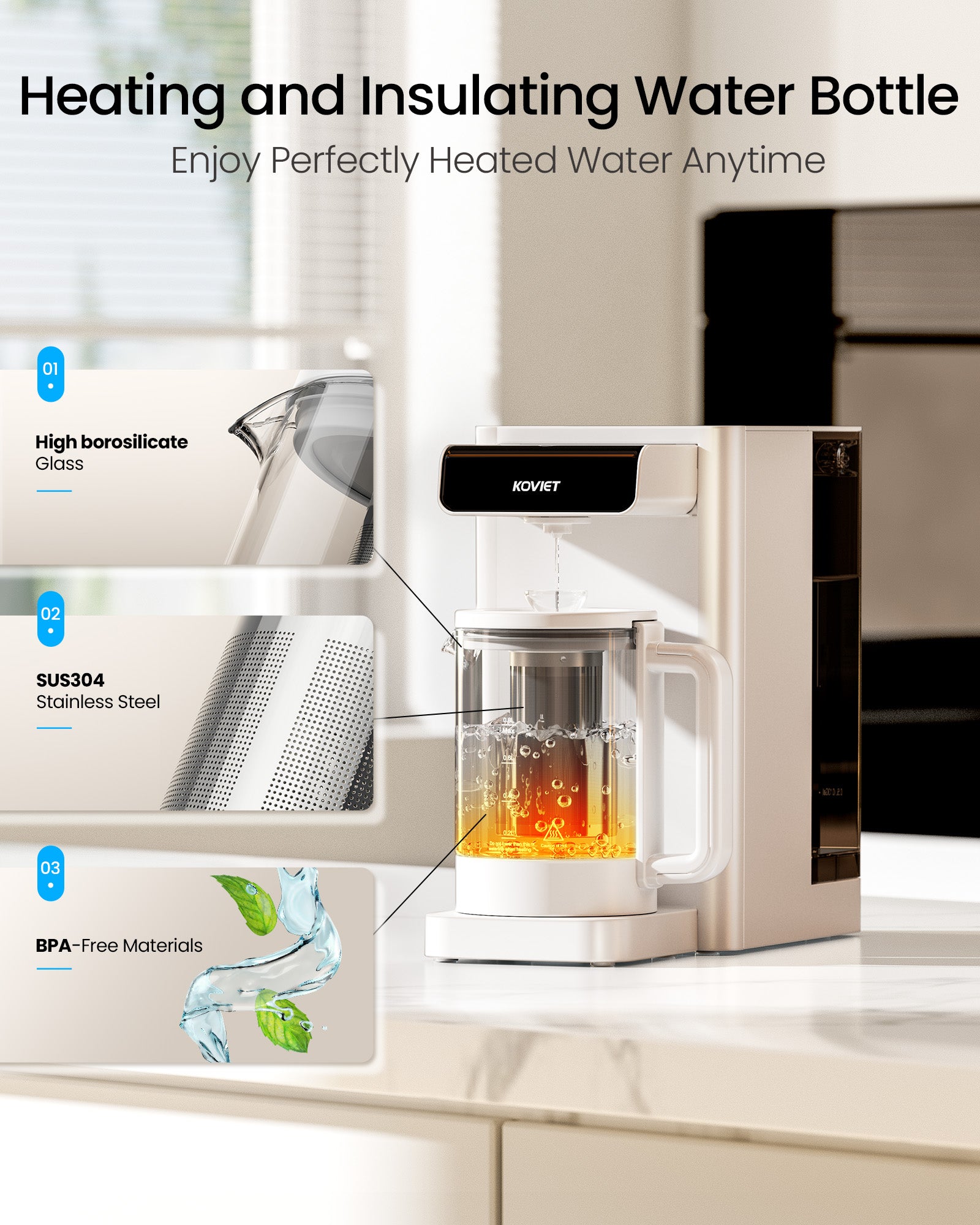 CF02 10 Stage Reverse Osmosis Water Filter Countertop, 6-in-1 Hot Water RO Water Filtration System with Bottle, 3:1 Pure to Drain Ratio, Portable Water Filter, No Installation, White