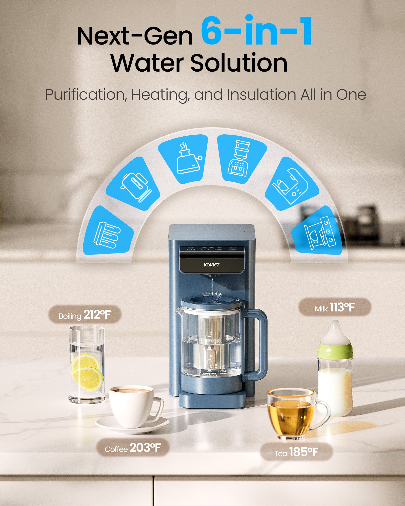 CF02 10 Stage Reverse Osmosis Water Filter Countertop, 6-in-1 Hot Water RO Water Filtration System with Bottle, 3:1 Pure to Drain Ratio, Portable Water Filter, No Installation, Blue