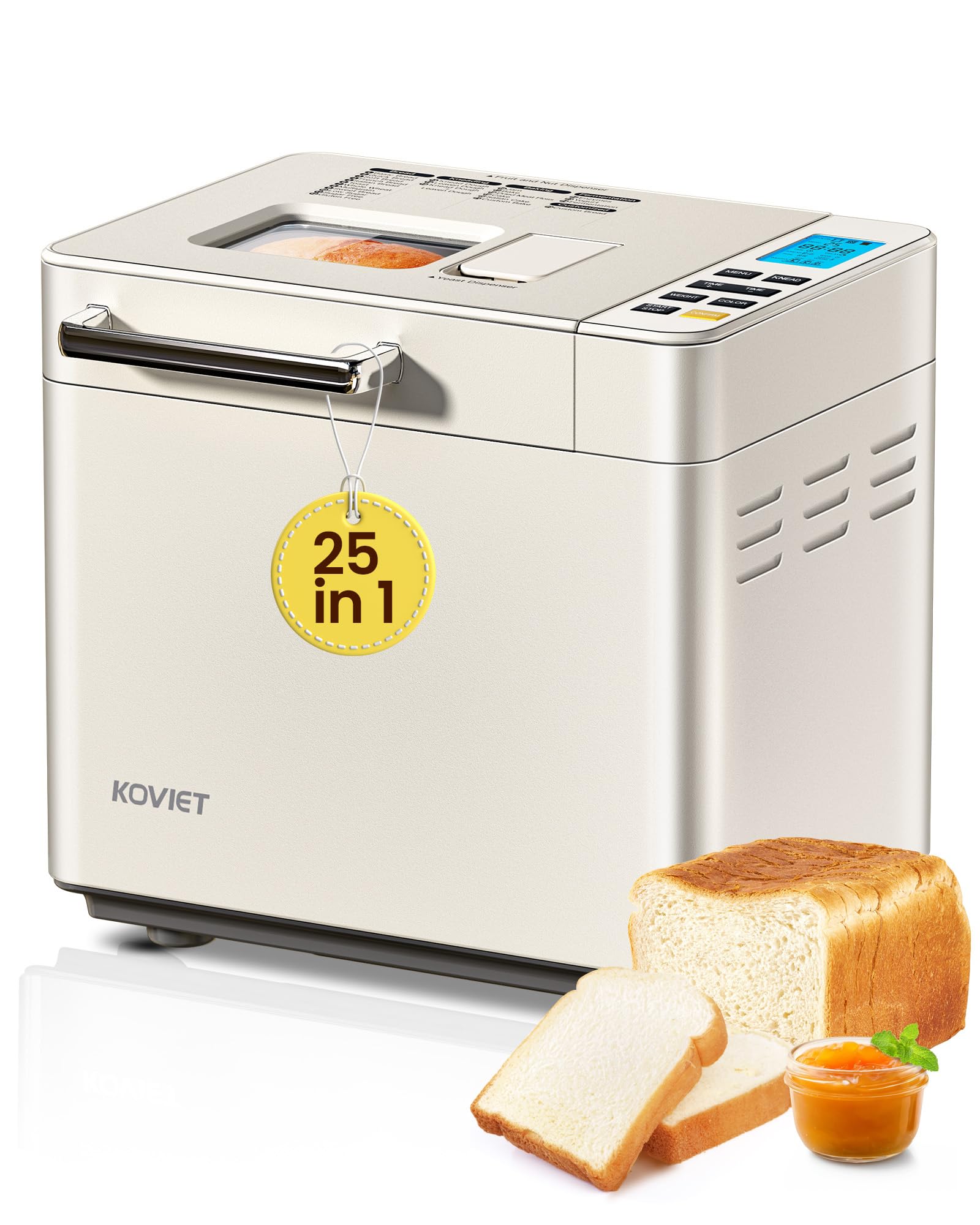 BM01 25-in-1 Bread Maker Machine with Automatic Dual Dispenser, 2LB Stainless Steel Breadmaker with Gluten-Free, Dough, Jam, Yogurt etc Settings, Beige