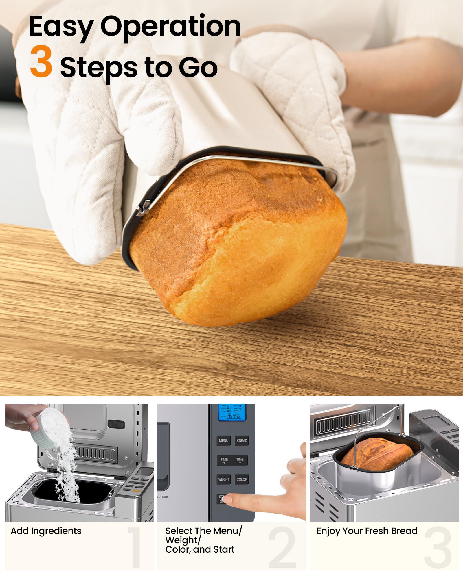 BM01 25-in-1 Bread Maker Machine with Automatic Dual Dispenser, 2LB Stainless Steel Breadmaker with Gluten-Free, Dough, Jam, Yogurt etc Settings, Silver