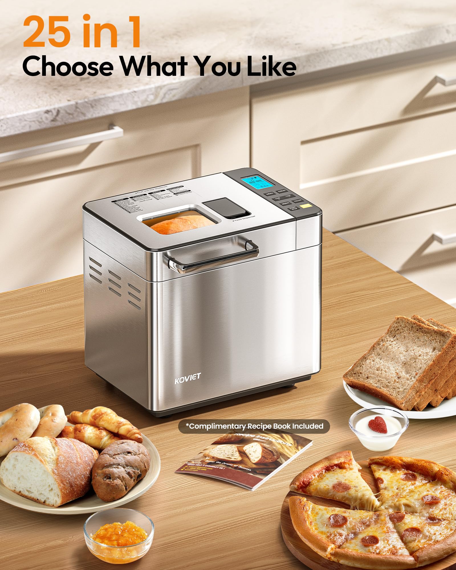 BM01 25-in-1 Bread Maker Machine with Automatic Dual Dispenser, 2LB Stainless Steel Breadmaker with Gluten-Free, Dough, Jam, Yogurt etc Settings, Silver