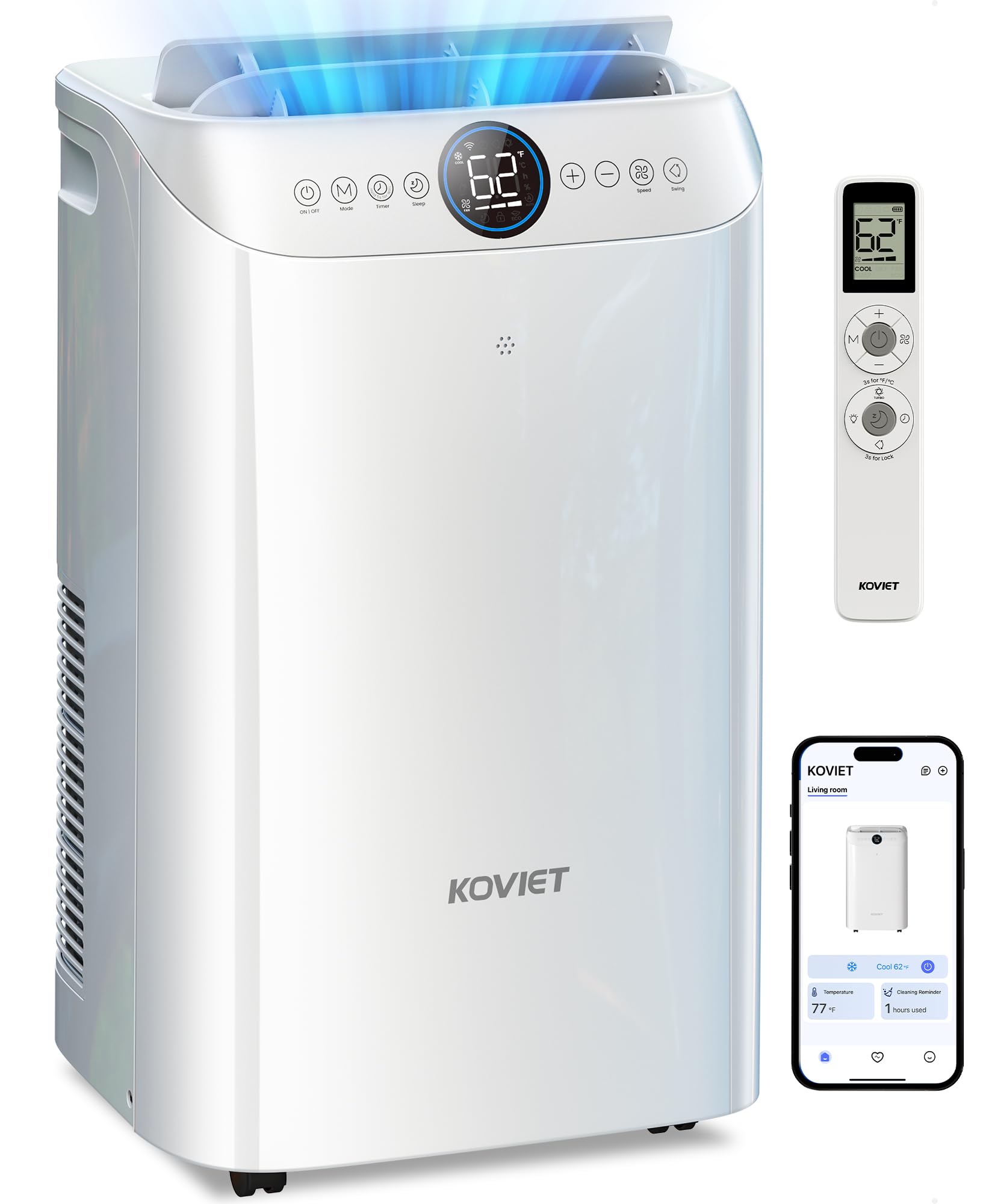KOVIET 14000 BTU Portable Air Conditioners, 6-in-1 Wi-Fi Smart AC Unit with App & Voice Control, Remote Access, Self-Evaporating Quiet Cooling, Dehumidifier, Fan, 24H Timer, Includes Window Kit, White
