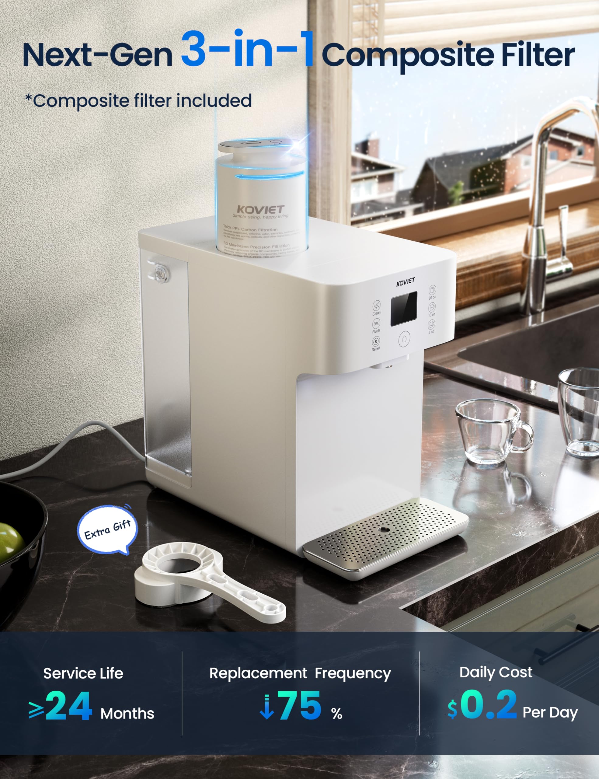 KOVIET CF01 Countertop Reverse Osmosis Water Filter, 8 Stage Nano RO Water Filtration System, Home Water Purifier, 4:1 Pure to Drain Ratio, No Installation Required, White