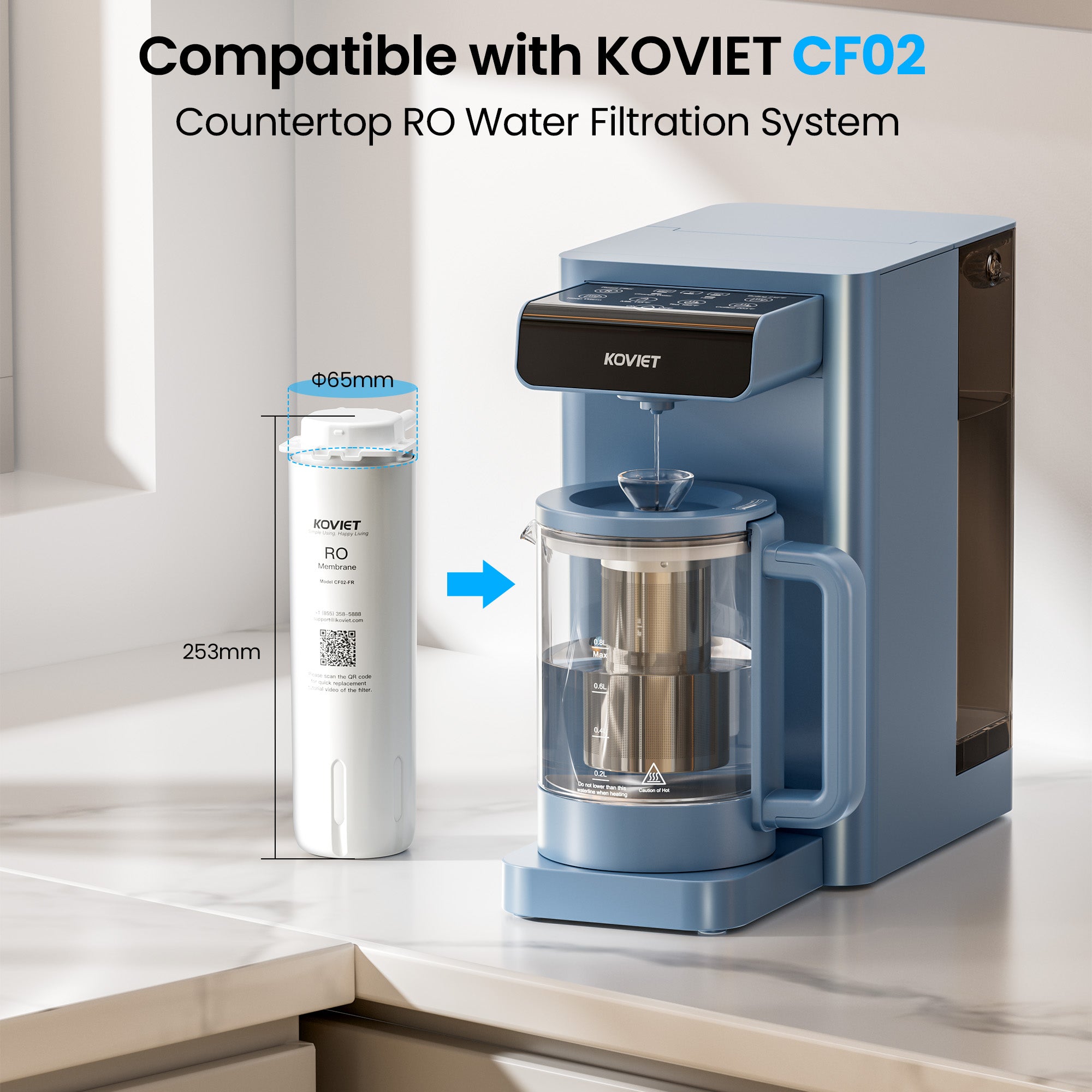 CF02-FR RO Water Filter Replacement Cartridge, RO Filter Element of Reverse Osmosis System Countertop, 24-36 Months Lifetime