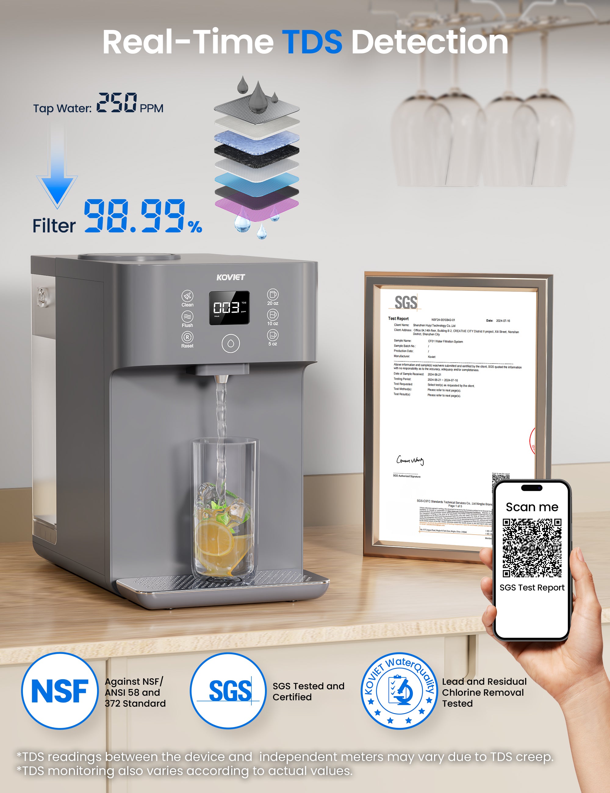 Countertop Reverse Osmosis Water Filter, 4:1 Pure to Drain, 8 Stage RO Filtration System, Portable Water Purifier, No Installation Required, Silver Gray