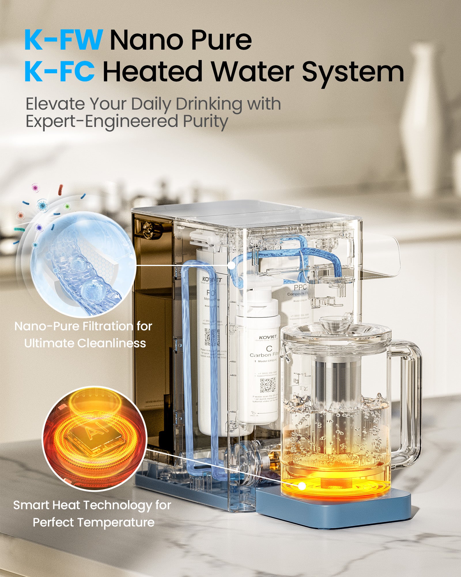CF02 10 Stage Reverse Osmosis Water Filter Countertop, 6-in-1 Hot Water RO Water Filtration System with Bottle, 3:1 Pure to Drain Ratio, Portable Water Filter, No Installation, Blue