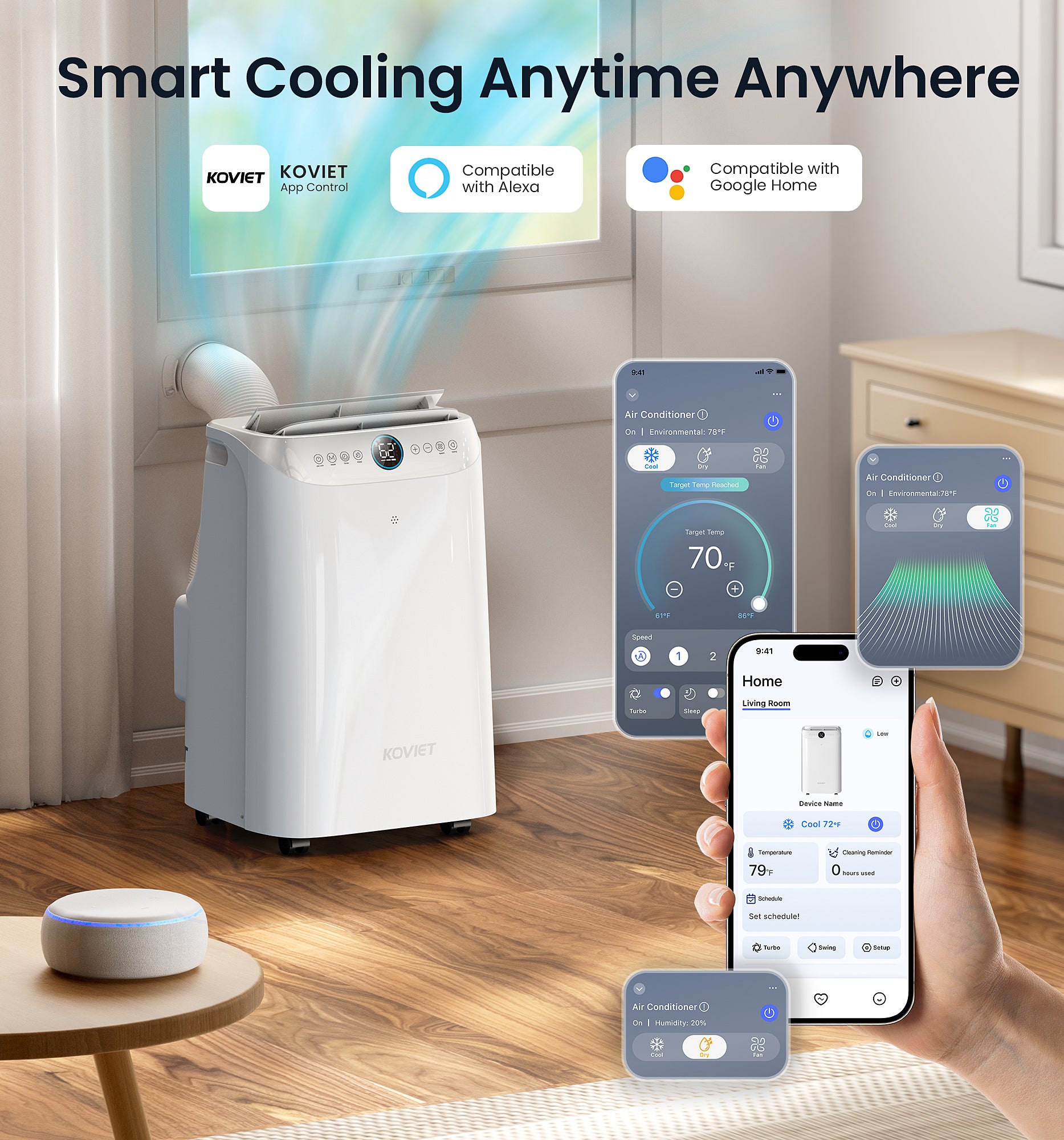 KOVIET 12000 BTU Wi-Fi Portable Air Conditioners, 6-IN-1 Smart AC Unit with APP & Voice & Remote Control, Auto-Evaporation, Quiet Cooling, 24H Timer, Dehumidifier, Fan, Window Kit Included, White