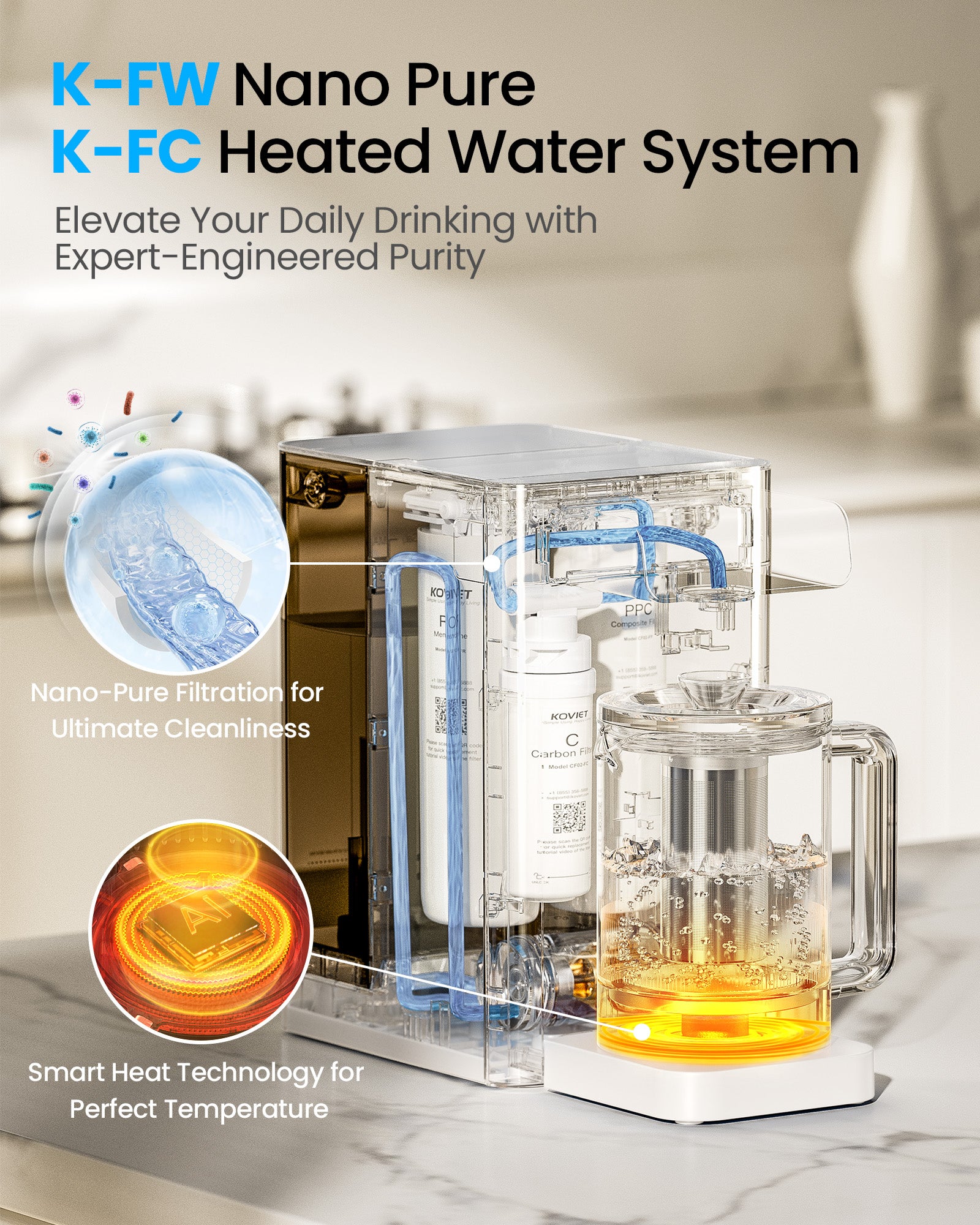 CF02 10 Stage Reverse Osmosis Water Filter Countertop, 6-in-1 Hot Water RO Water Filtration System with Bottle, 3:1 Pure to Drain Ratio, Portable Water Filter, No Installation, White