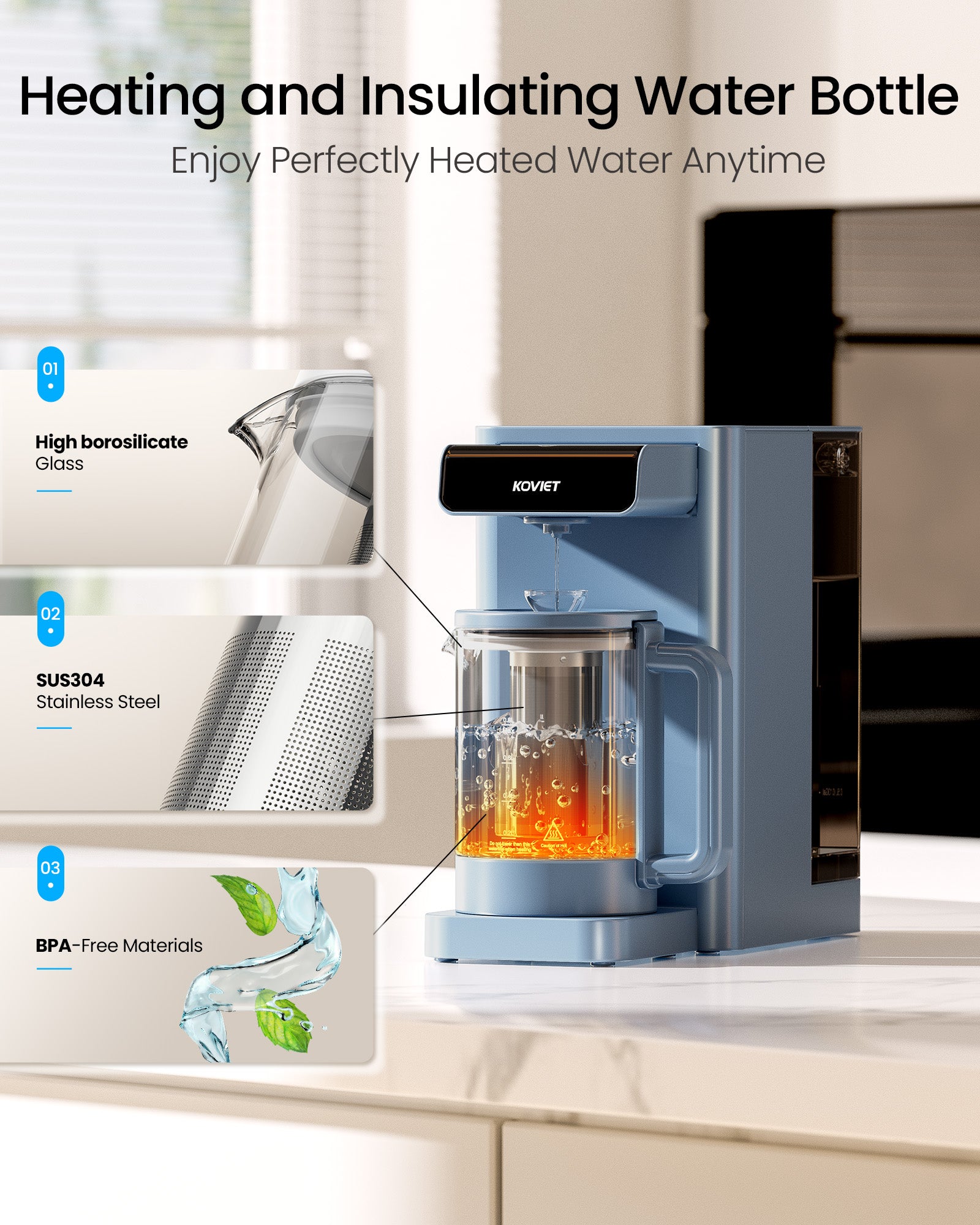 CF02 10 Stage Reverse Osmosis Water Filter Countertop, 6-in-1 Hot Water RO Water Filtration System with Bottle, 3:1 Pure to Drain Ratio, Portable Water Filter, No Installation, Blue