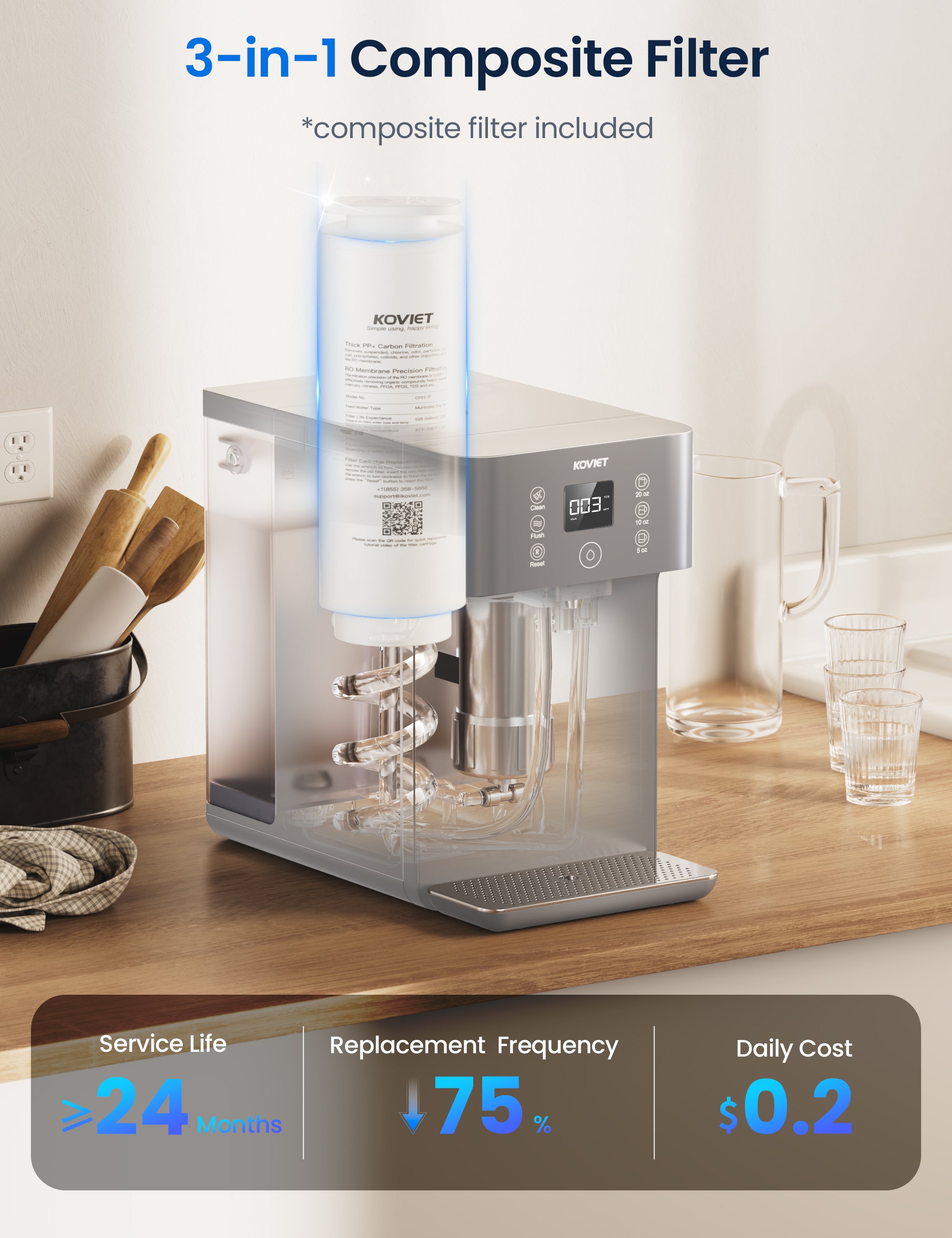 Countertop Reverse Osmosis Water Filter, 4:1 Pure to Drain, 8 Stage RO Filtration System, Portable Water Purifier, No Installation Required, Silver Gray