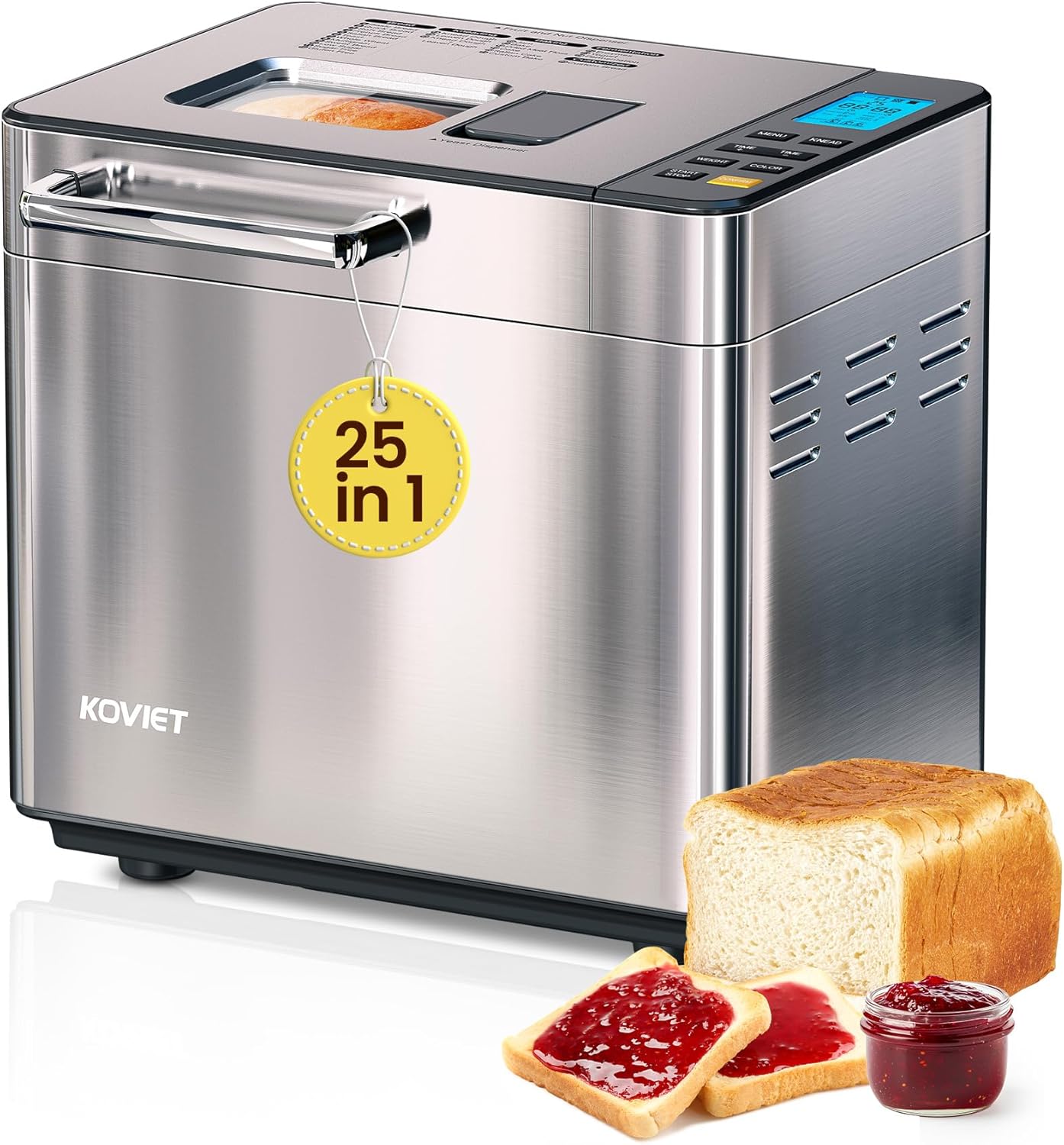 BM01 25-in-1 Bread Maker Machine with Automatic Dual Dispenser, 2LB Stainless Steel Breadmaker with Gluten-Free, Dough, Jam, Yogurt etc Settings, Silver