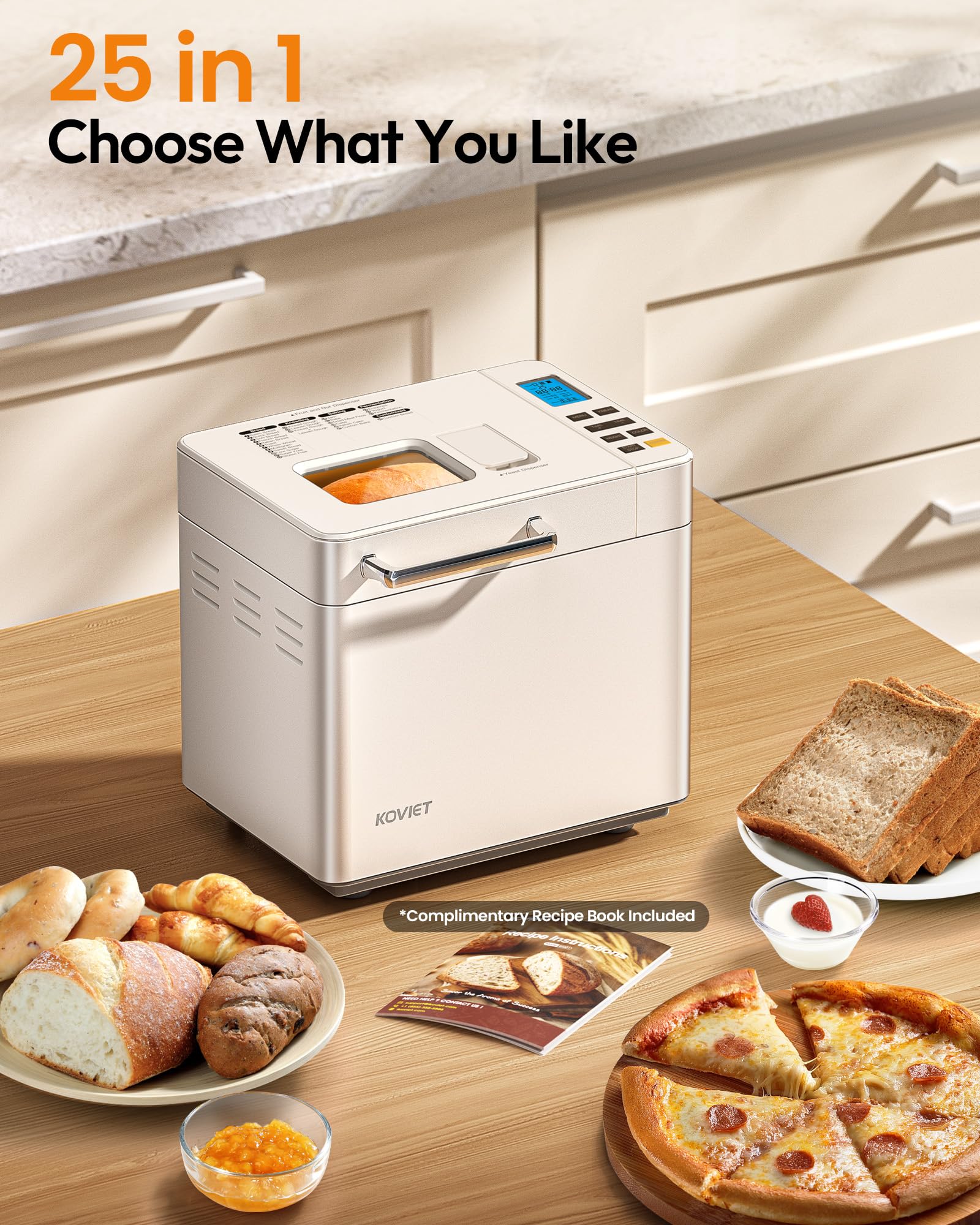 BM01 25-in-1 Bread Maker Machine with Automatic Dual Dispenser, 2LB Stainless Steel Breadmaker with Gluten-Free, Dough, Jam, Yogurt etc Settings, Beige