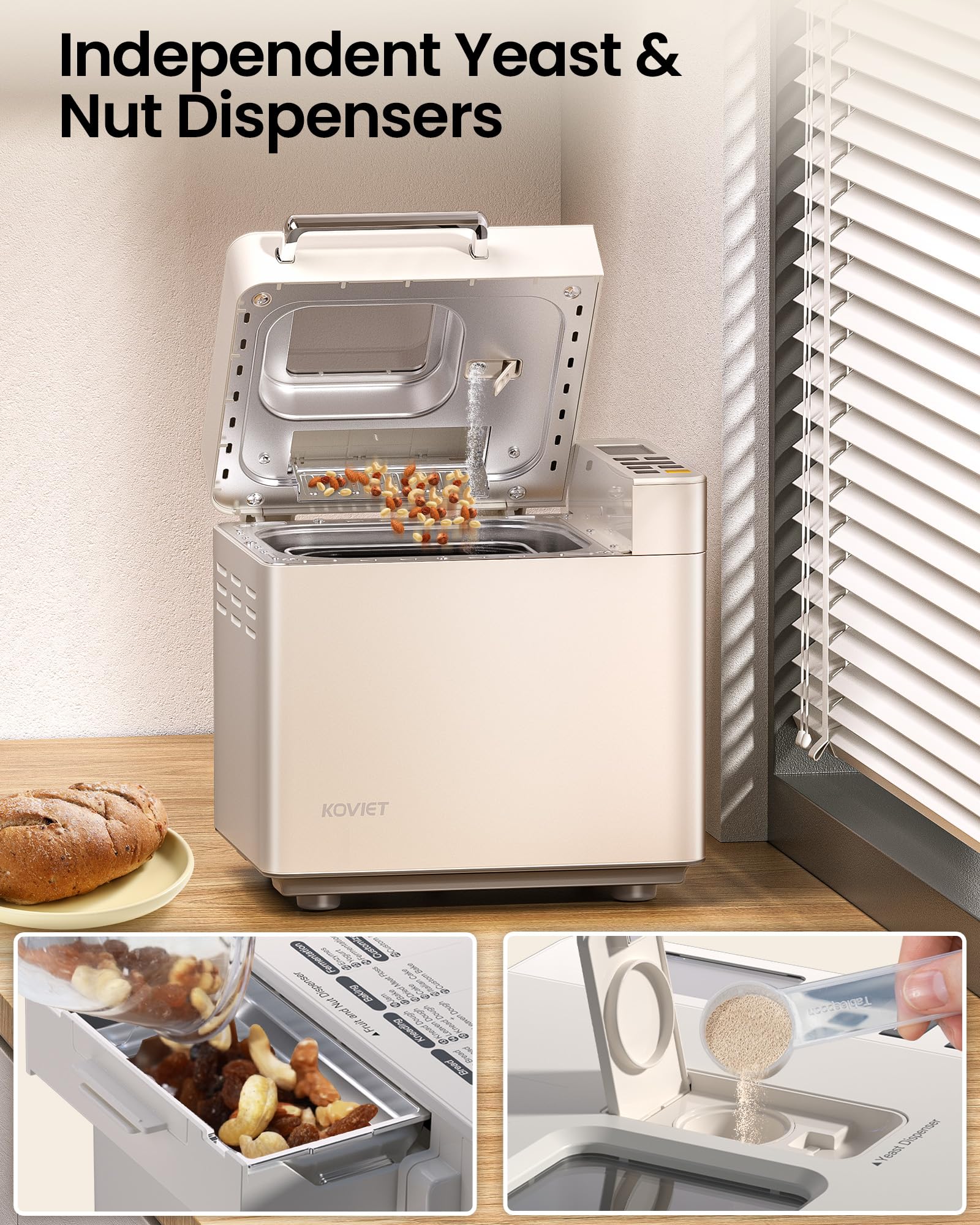 BM01 25-in-1 Bread Maker Machine with Automatic Dual Dispenser, 2LB Stainless Steel Breadmaker with Gluten-Free, Dough, Jam, Yogurt etc Settings, Beige