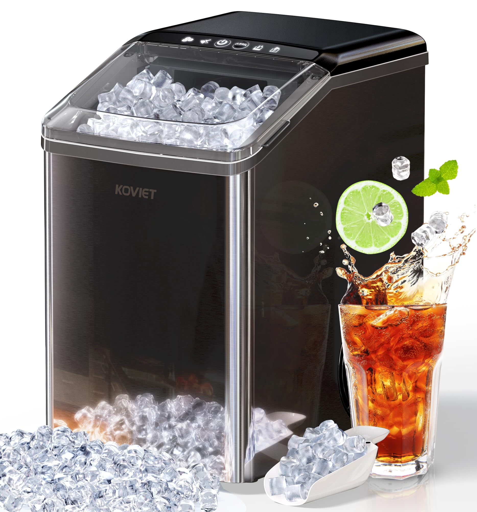 KOVIET Nugget Ice Maker Countertop, 40lbs/24H Tooth-Friendly Soft Chewable Pebble Ice Machine, Self-Cleaning with Drainpipe, Crushed Pellet Ice Makers for Home Kitchen Party, Black Stainless