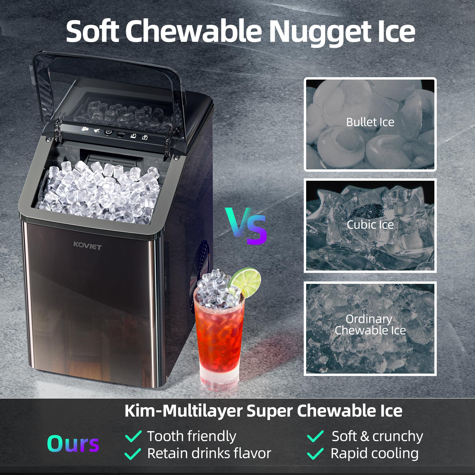 KOVIET Nugget Ice Maker Countertop, 40lbs/24H Tooth-Friendly Soft Chewable Pebble Ice Machine, Self-Cleaning with Drainpipe, Crushed Pellet Ice Makers for Home Kitchen Party, Black Stainless