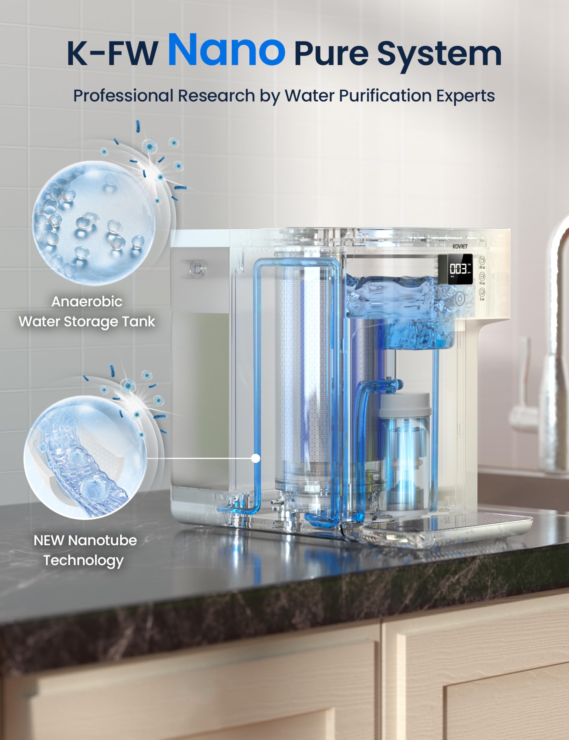 KOVIET CF01 Countertop Reverse Osmosis Water Filter, 8 Stage Nano RO Water Filtration System, Home Water Purifier, 4:1 Pure to Drain Ratio, No Installation Required, White