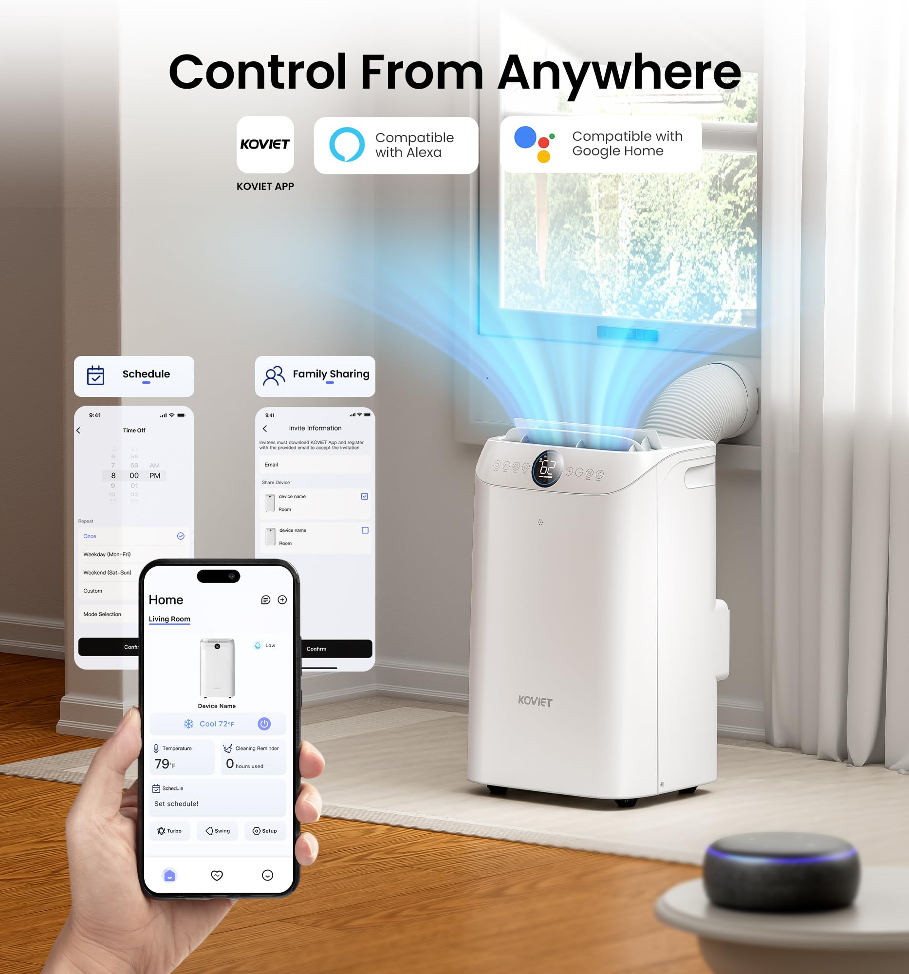 KOVIET 14000 BTU Portable Air Conditioners, 6-in-1 Wi-Fi Smart AC Unit with App & Voice Control, Remote Access, Self-Evaporating Quiet Cooling, Dehumidifier, Fan, 24H Timer, Includes Window Kit, White